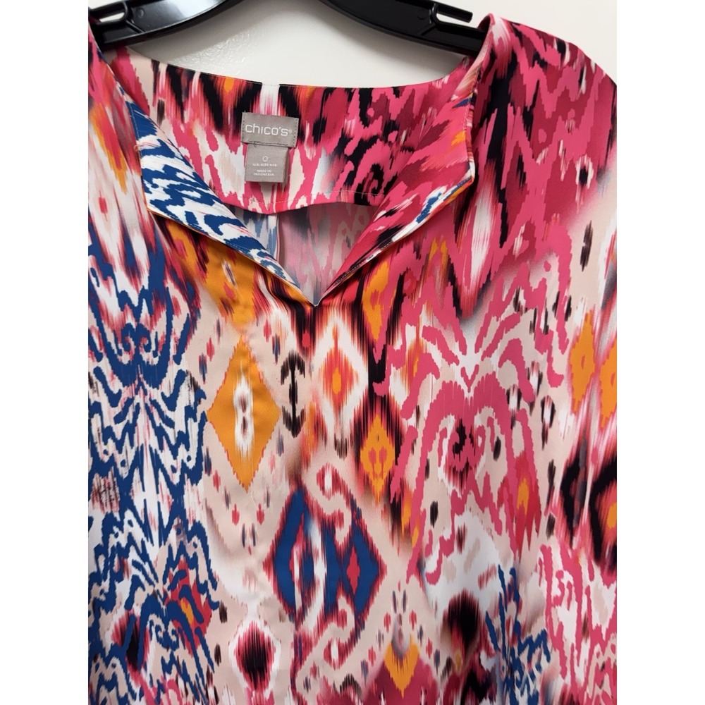 Chico's Size 0 Oversized Wide Tunic Blouse Multicolor Ikat Print Pink Blue EUC - Picture 3 of 10
